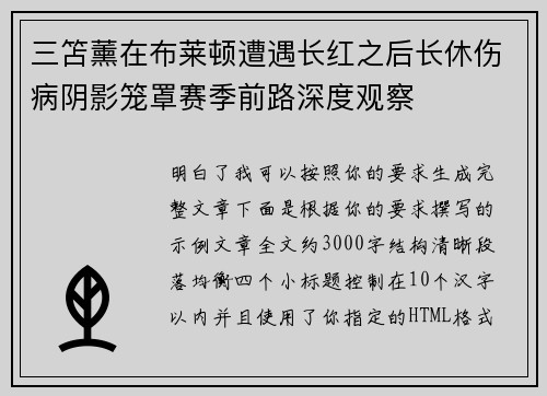 三笘薰在布莱顿遭遇长红之后长休伤病阴影笼罩赛季前路深度观察